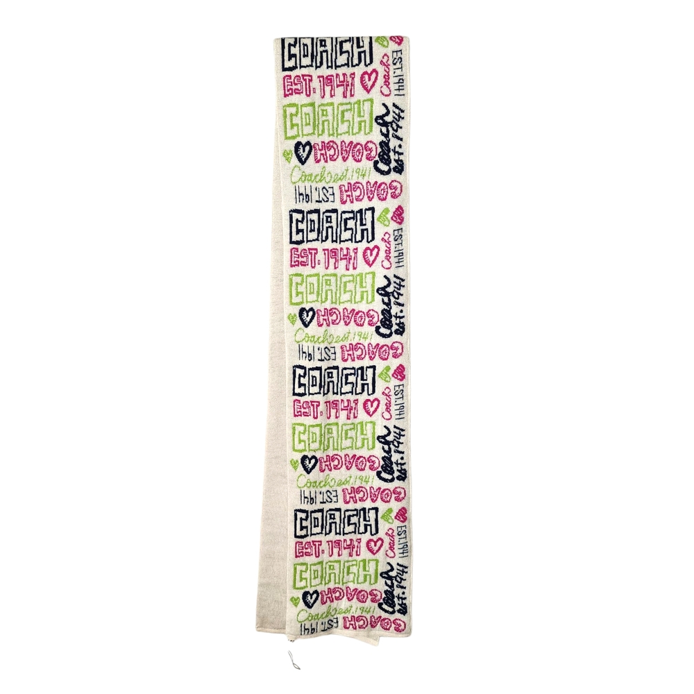 COACH Y2K Poppy Heart Graffiti Multicolor Logo Scarf Cream Green Pink - Picture 2 of 12